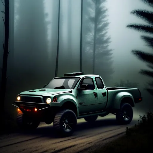 Prompt: concept art of a pick-up driving in a foggy forest trail at night, intricate scene ultra fine details, gloomy, dreadful, sharp focus, UHD, 8k
