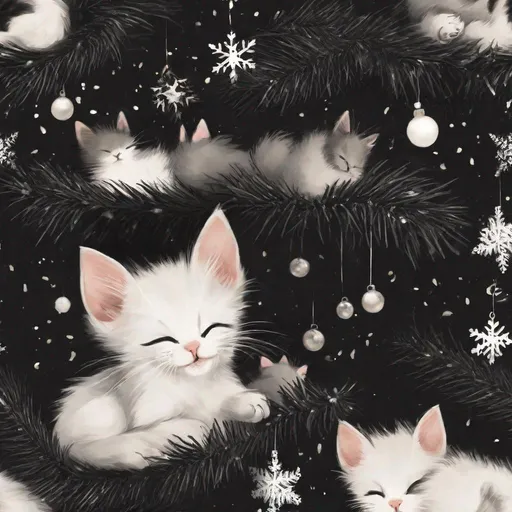 Prompt: kittens sleeping under a black christmas tree