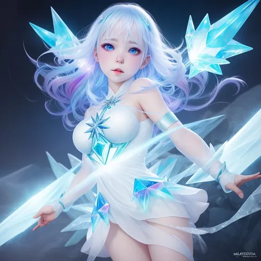 Prompt: ice crystal girl, ice crystal dress, cryomancer, magical ice spirit monster, pale white skin, slightly sharp ears, multicolored hair, symmetrical, soft lighting, by makoto shinkai, stanley artgerm lau, wlop, rossdraws, full body