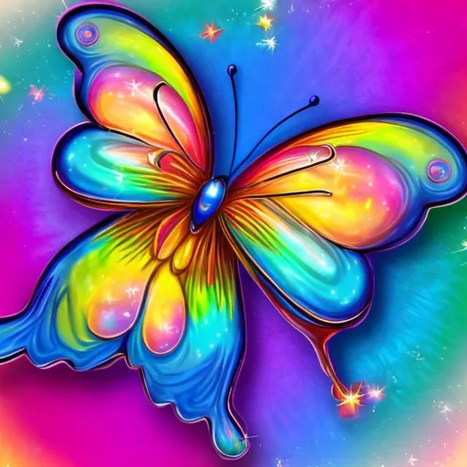 Prompt: Jewel blue butterfly in the style of Lisa frank