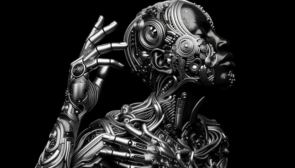 Prompt: Photorealistic image of a woman emerging from a black colored background, influenced by robotic motifs and African art, composed of liquid metal, showcasing human connections and intricate costumes, expressing a sculptural emotion in wide ratio