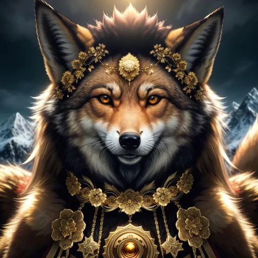 Prompt: stunning brawny rugged fox-wolf, (quadrupedal canine), UHD, HDR , 8k eyes, detailed face, big anime intense eyes, gold leaf wreath, dense bright gold fur, intricate details, insanely detailed, masterpiece, cinematic lighting, hyper realistic, hyper realistic fur, 8k, complementary colors, insanely beautiful and detailed mountain peak castle, golden ratio, masterpiece, epic oil painting, vibrant, vivid colors, fantasy art, high octane render, photo realism, volumetric lighting, glaring, growling, wise, depth, high definition face, highly detailed intense shading, unreal 5, by Yuino Chiri, artstation, top model, sunlight on hair, sparkling gold jewels on crest, intricate hyper detailed breathtaking colorful glamorous scenic view landscape, ultra-fine details, hyper-focused, deep colors, intense colors, dramatic lighting, ambient lighting, by sakimi chan, anne stokes, artgerm, wlop, pixiv, tumblr, instagram, deviantart