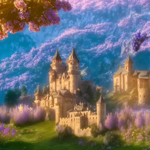Prompt: Castle, Mountains, Palace, Apricot, Lavender Flowers, Nature, 4k, HD, High Quality, Perfect Render, Effects, Glowing, Breathtaking.