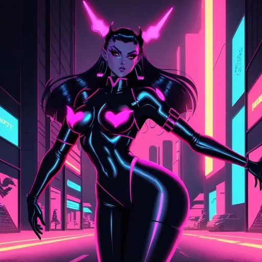 Prompt: a beautiful female demon in a dynamic pose in a retro futuristic synthwave cyberpunk neon paradise.  neon lighting, high quality, beautiful, synthwave, cyber, retro, futuristic