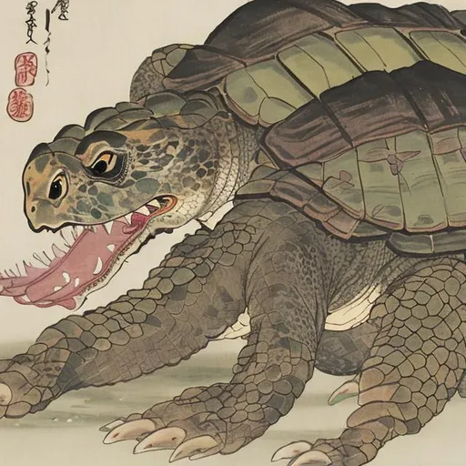 Prompt: "Hare vs the Tortoise as Yōkai, Japanese painting, 1800"