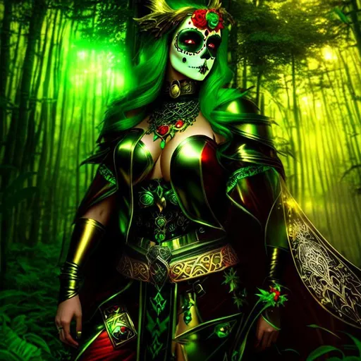 Prompt: Fantasy, cinematic, Epic, 3D, HD, {Beautiful Sugarskull}female as Sorceress, liquid gold green silver red black, expansive Magical Forest background, freeform dark chaos, hyper realistic, 8K --s98500