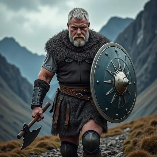 Prompt: A highly detailed, realistic photograph of @aCEmOVUKz3OPpYx94Q2R as a fierce Viking warrior striding forward. He is clad in rugged chain mail armour adorned with intricate Norse patterns and a helmet with a nose guard, showcasing his muscular build. In his left hand, he grips a large, round shield emblazoned with a bold emblem, while his right hand is raised, holding a gleaming battle axe poised for action. He is dirty and blood-stained. The background features a misty Nordic landscape with rugged mountains and a stormy sky, casting dramatic shadows across the scene. The lighting emphasizes the warrior's determined expression and the texture of his weathered skin, creating a powerful atmosphere of impending battle.