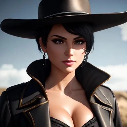 Prompt: #Vasa# character, {highest quality concept art masterpiece} oil painting,
hyperrealistic beautiful cowboy woman with short black hair and clear dark eyes, 
{clothes} white stetson hat and black coat, {background} the wild west,
cinematic volumetric dramatic 
dramatic studio 3d glamour lighting, backlit backlight, 128k UHD HDR HD, professional long shot photography, unreal engine octane render trending on artstation, triadic colors, sharp focus,  occlusion, centered, symmetry, ultimate, shadows, highlights, contrast, 