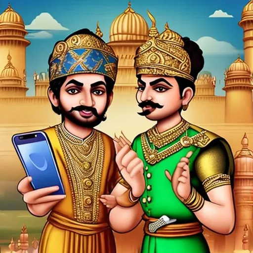 Prompt: Akbar and Birbal use smart phone
