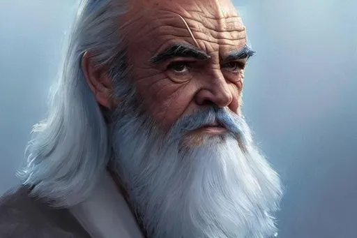 Prompt: old Sean Connery, short beard, long hair!! robes! Blue eyes! modern, highly detailed, digital painting, artstation, concept art, sharp focus, illustration, by greg rutkowski