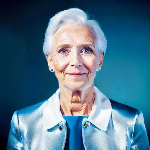 Prompt: Evi Marandi at the age 70 is a futuristic civil servant dressed in a Space-1999-inspired business suit on a space station. photorealistic, accurate face
