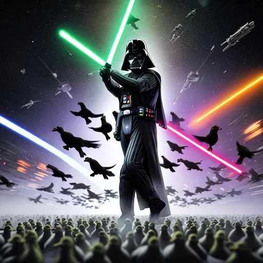 Prompt: Photo of Darth Vader fighting an army of ducks, cinematic lighting, in space, with neon lights