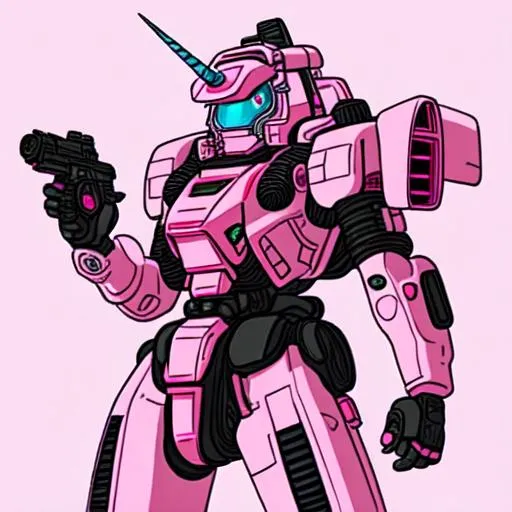 Prompt: Unicorn wearing a pink Japanese mech suit, Fuji art style flat illustration, colored, highly detailed