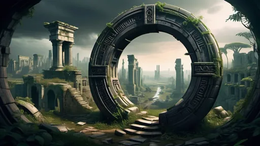 Prompt: magical portal between cities realms worlds kingdoms, circular portal, ring standing on edge, upright ring, freestanding ring, hieroglyphs on ring, broken ring, ruins, crumbling pillars, broken archways, ancient roman architecture, overgrown forest setting, panoramic view, futuristic cyberpunk tech-noir setting