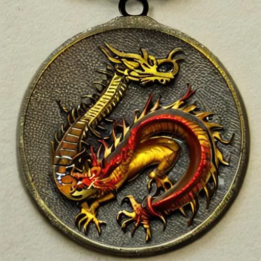 Prompt: fire dragon made of medal