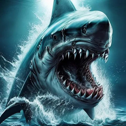 Prompt: A monster and shark hybrid horror