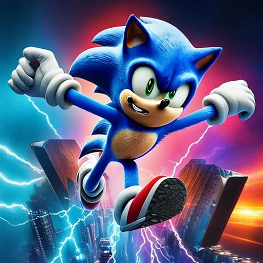 Prompt: sonic movie poster sonic figure dark and electricyti and black