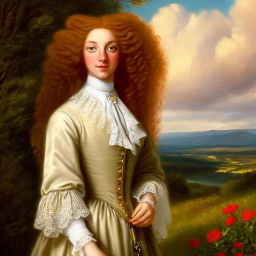 Prompt: Cottagecore scotland lass red long curly hair, yellow ambar eyes, pale skin with freckes 
Dressing robe a la francese in 1770