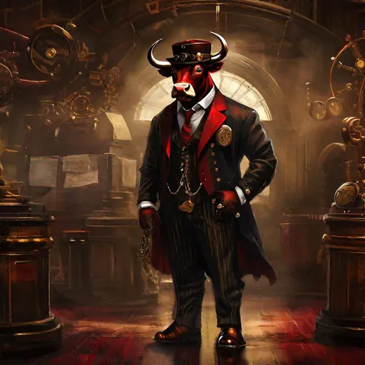 Prompt: a bull in a business suit, standing in the stock market, in the style of steampunk art, dark black and dark red, steampunk, flickr, charming characters, marine painter, hd --ar 10:13