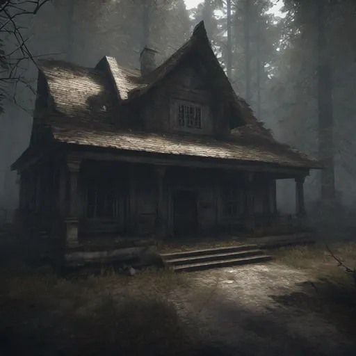 Prompt: Abandon small museum in the middle of the forrest in a horror game.