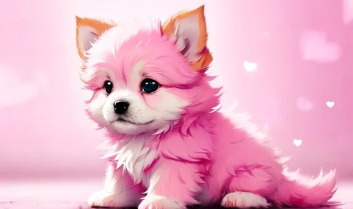 Prompt: Cute, pink, fluffy, fantasy love puppy, with light, pink eyes, very, pink fur, and possessing the element of love and making circles of hearts move around in the air in a magical way, background with pink hearts. Perfect features, extremely detailed, realistic. Krenz Cushart + loish +gaston bussiere +craig mullins, j. c. leyendecker +Artgerm.