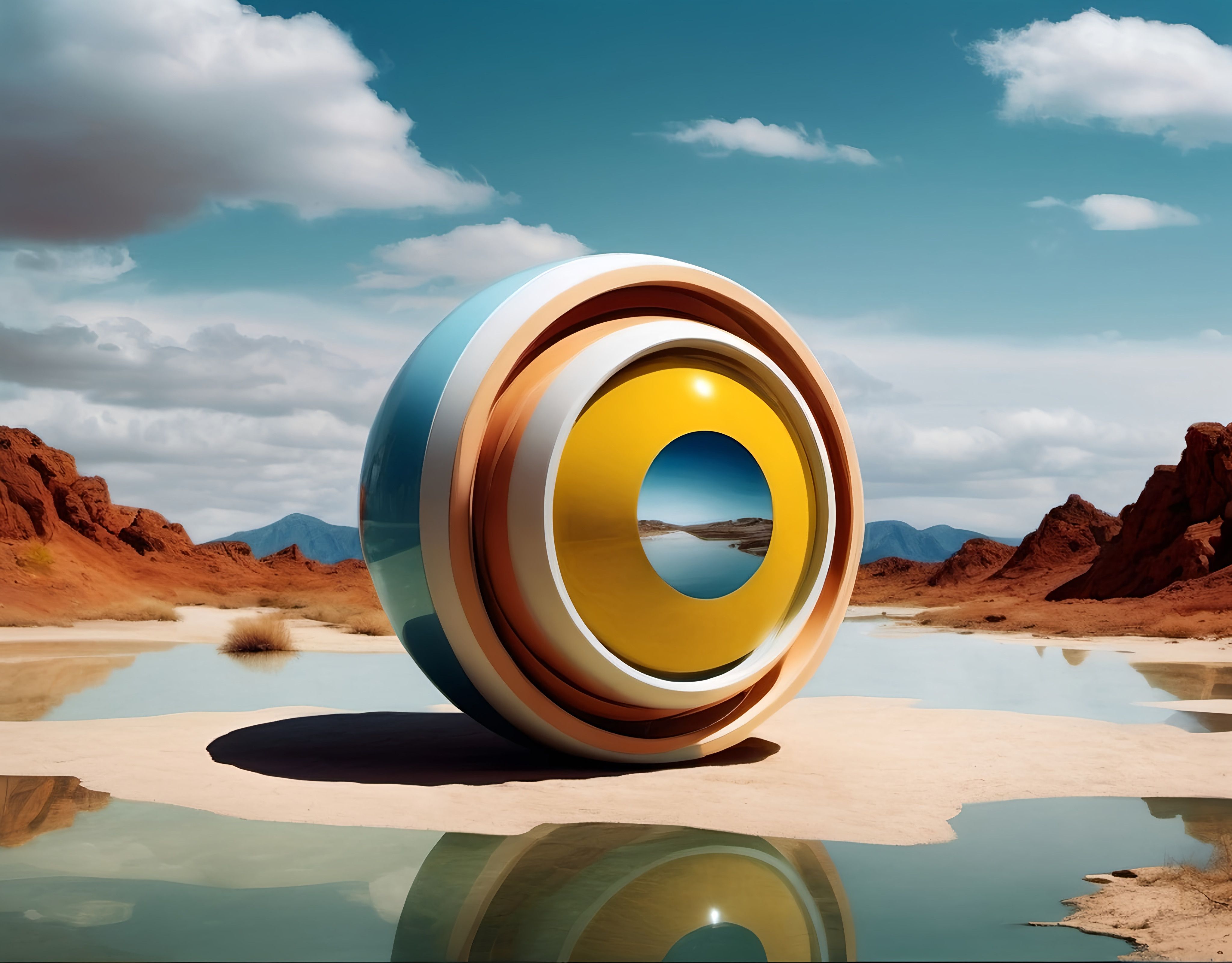 Prompt: a circular object is floating in a body of water with mountains in the background and a blue sky with clouds, video art, cinema 4 d, a 3D render