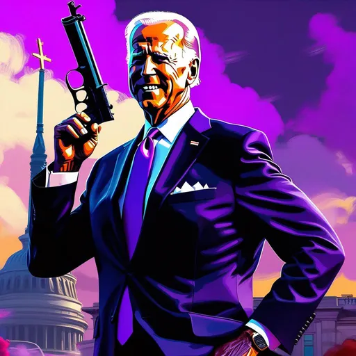 Prompt: Joe Biden in Saints Row, guns, cartoony, purple atmosphere, extremely detailed painting by Greg Rutkowski and by Henry Justice Ford and by Steve Henderson