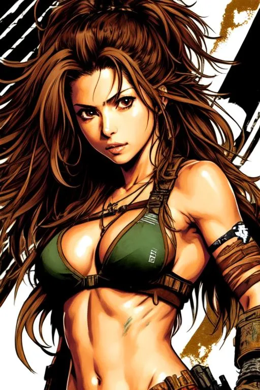 Prompt: (((Yoji Shinkawa))), sticker of ultra detailed portrait of Marisa Tomei, 25 years old, as Tribal warrior,  high quality cell shaded illustration in post apocalyptic style by Yoji Shinkawa, ((full body)), dynamic pose, perfect anatomy, centered, freedom, soul, brown long hair, approach to perfection, cell shading, 4k , cinematic dramatic atmosphere, watercolor painting, global illumination, detailed and intricate environment, artstation, concept art, fluid and sharp focus, volumetric lighting, cinematic lighting, Artby Ilya Kuvshinov,