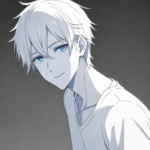 Anime boy character with light blue hair and red eyes smiling