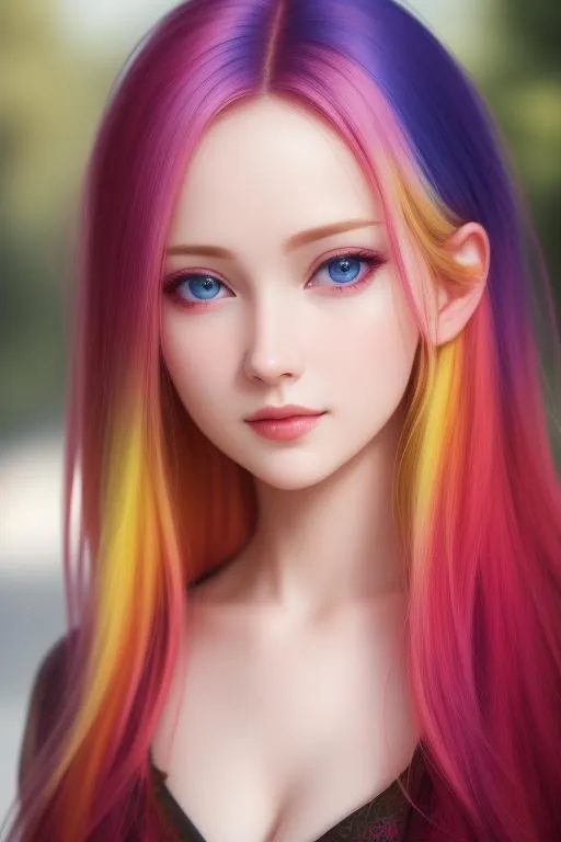 Prompt: HDR, UHD, 64k, best quality, RAW photograph, best quality, masterpiece:1.5), pale skin, unrealistically, multicolored hair, the girl blushes, random hair style, shy, anime woman, UHD, hd , 64k, , hyper realism, Very detailed, full body, hyper realism, Very detailed, female anime,