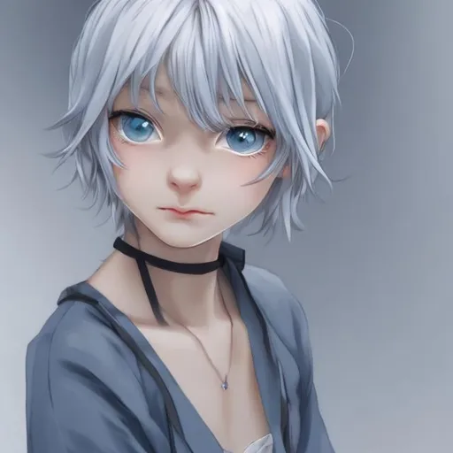 Prompt: young woman,  silver hair that is short , bored expression, blue eyes, slight anime style
