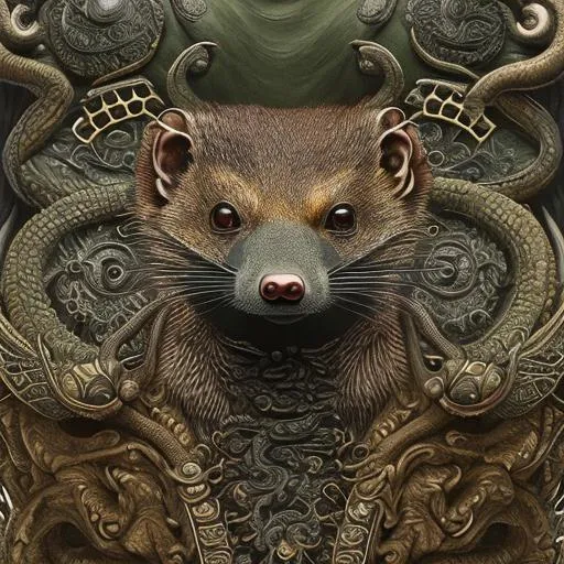 Prompt: Insanely Detailed Japanese Mon of a Mongoose, On a black Sash, Dark Green and Brown Color Scheme, Intricately Detailed, Hyperdetailed, Legend of the Five Rings, Hyperrealistic, 4K, 8K resolution, 3D shading, beautiful, Asian Aesthetic, L5R, Anciant Japanese