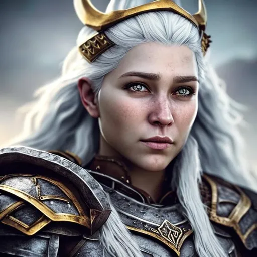 Prompt: White haired female Viking warrior beautiful hyper realistic face features black armor hyper detailed forehead crown