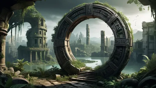 Prompt: magical portal between cities realms worlds kingdoms, circular portal, ring standing on edge, upright ring, freestanding ring, hieroglyphs on ring, broken ring, ruins, crumbling pillars, broken archways, ancient roman architecture, overgrown jungle setting, panoramic view, futuristic cyberpunk tech-noir setting