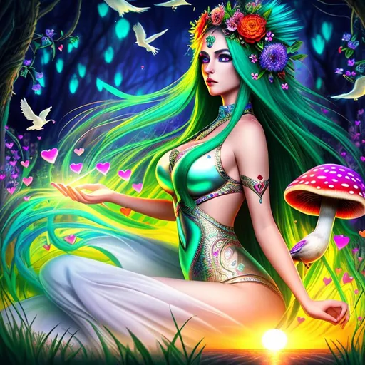 Prompt: psychedelic, twisted, cinematic, 3D, HD, {Female}Magician, Beautiful big {heart-shaped}reflective eyes, long flowing hair, flowers, mushrooms, birds, expansive psychedelic background, sunset, hyper realistic, 4K --s98500