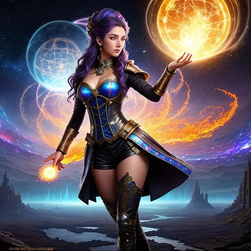 Prompt: splash art, hyper detailed, hyper realistic, highly detailed, dark, surreal heavy mist, floating at the edge of the Universe, in an alien observatory, with stars in the background,

create a holographic image of a beautiful, young adult Steampunk Ultra Fantasy Sorceress, casting exquisitely detailed magic fire balls, 

Gorgeous detailed facial features, long legs, vibrant sumptuous, perfect body, ultra pale, visible midriff, perfect curly red hair, magic armor, heavy iron collar, 

Perfect studio lighting, perfect shading. HDR, UHD, high res, 64k, cinematic lighting, special effects, hd octane render, professional photograph, trending on artstation, .