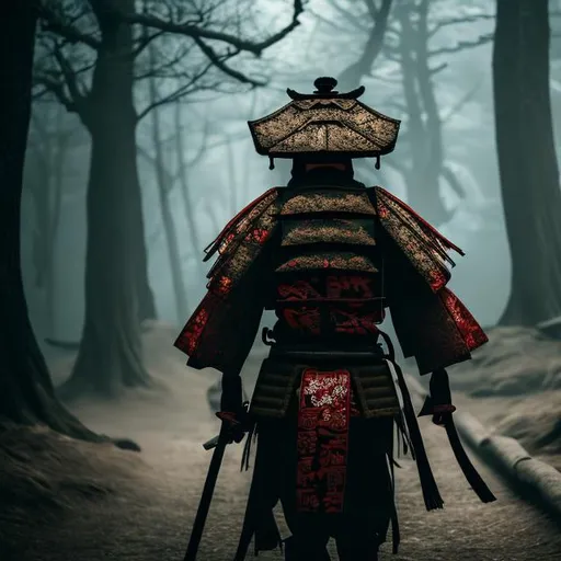 Prompt: a samurai walking in a dark forest