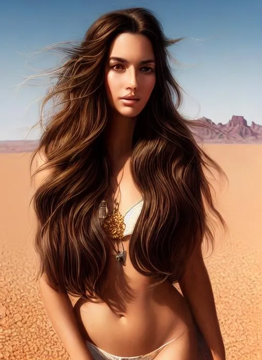 Prompt: Portrait of A beautiful young woman with long brown hair, desert background, perfect composition, hyperrealistic, super detailed, 8k, high quality, trending art, trending on artstation, sharp focus, studio photo, intricate details, highly detailed, Expressionism art by greg rutkowski