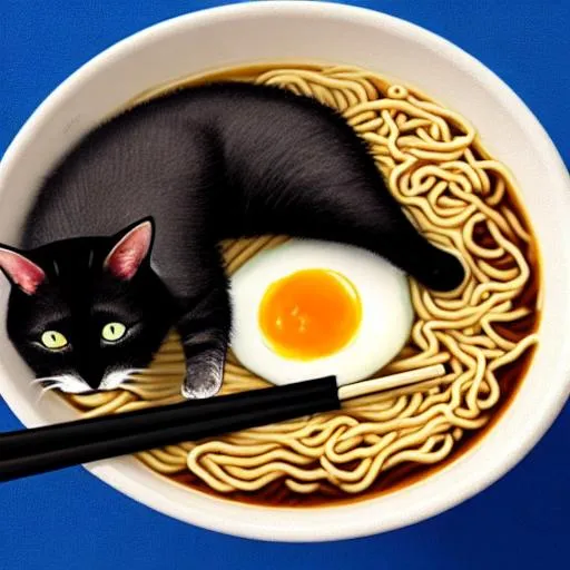 cat eating ramen bowl filled with noodles detailed p...