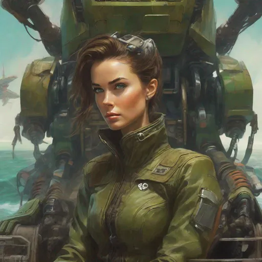 Prompt: a futuristic woman, she is athletic, looks like grace kelly, brunette hair, blue eyes, wears a brown leather corset, cropped green jacket, camo fatigue pants, combat boots, she stands in the cockpit of a pacific rim jaeger mech, metal gear, robot jox, influenced by Greg Rutkowski, craig mullins, sergio toppi, beksinski, jeremy mann, influenced by pre-raphaellite, magic realism