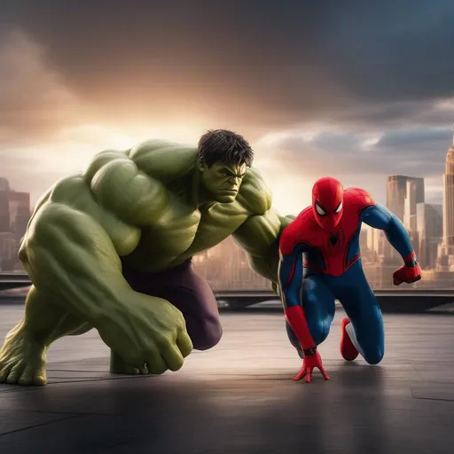 Prompt: MCU Hulk vs Spiderman, hyperrealism, sharp focus, Professional, UHD, HDR, 8K, electronic, dramatic,