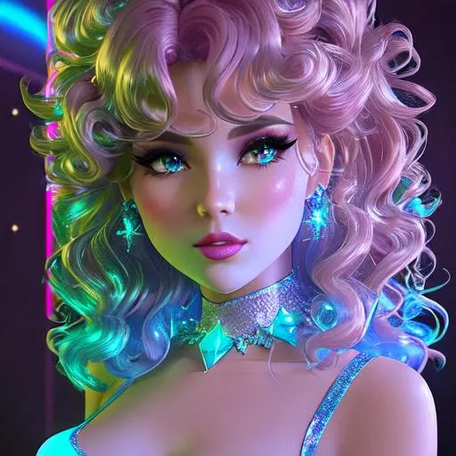 Prompt: Beautiful and sweet girl of warm glaze, wearing vaporous mini dress, discrete make up, glowing up, large curly black marine blue hair, light sparkles, drapping, big lips, pink cheeks, translucid, unreal engine 148k octane, 3d lightning, stellar clouds, quartz and opal, gem rain, soft white skin, long wavy hair, nice smile, luminous chest, fantasy, silence