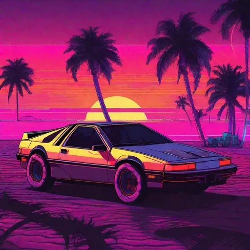 Prompt: Pontiac Fiero, synthwave, aesthetic cyberpunk, miami, coastal highway, dusk, neon lights, beach background. sundown, palm trees, beach lounge chairs,  synthwave colors, pixel art