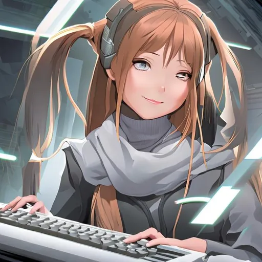Prompt: Comic book illustration, computer genius, sweet, kind, woman, light brown hair, long straight hair, head band, "gray eyes", computer