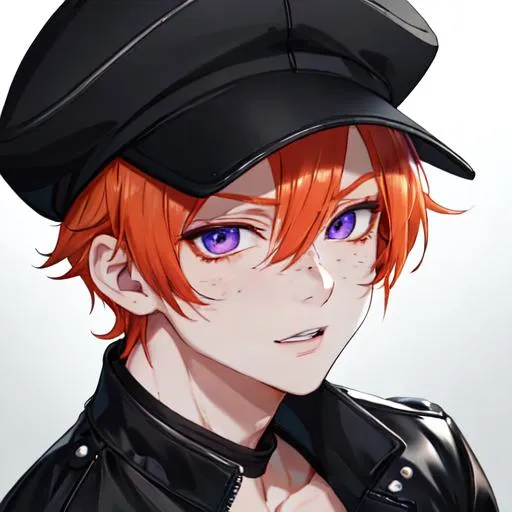 Prompt: Erikku male (short ginger hair, freckles, right eye blue left eye purple) muscular, UHD, 8K, Highly detailed, insane detail, best quality, high quality. wearing a sideways baseball cap, black jacket, black shorts, streetwear