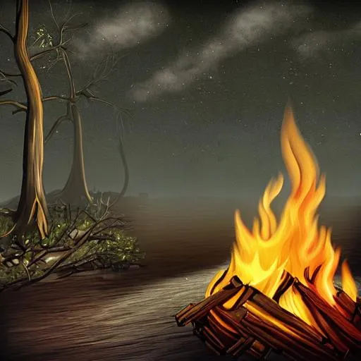 Prompt: campfire, nighttime, highly realistic, flames, wood, dark, highly detailed, gothic, dark
