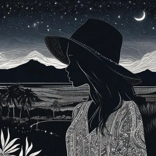 Prompt: silhouette, light particles, pretty young Indonesian girl (25 year old, round face, high cheekbones, small delicate nose, long black hair), wearing long blouse, in shadow, background night sky with stars, rural tropical scene, mountains, masterpiece, intricate details