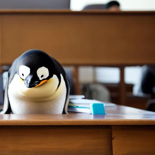 Prompt: penguin sitting in a school desk