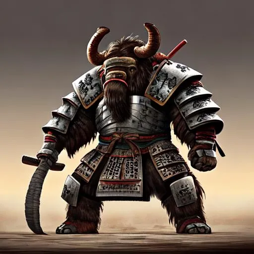 Prompt: mutant-mammoth in samurai armour standing with clenched fists