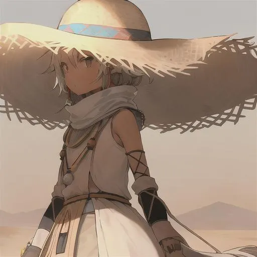 Prompt: Desert Nomad Raffian:

In this skin, Raffian's straw hat reaches its largest size, the expansive brim creating a personal oasis of shade in the relentless desert sun. The hat is embellished with a decorative band featuring geometric patterns that mirror those on his headscarf, a symbol of his connection to the arid landscape. Its sturdy construction and durable materials withstand the abrasive winds and ever-shifting sands of the desert. masterpiece, handsome